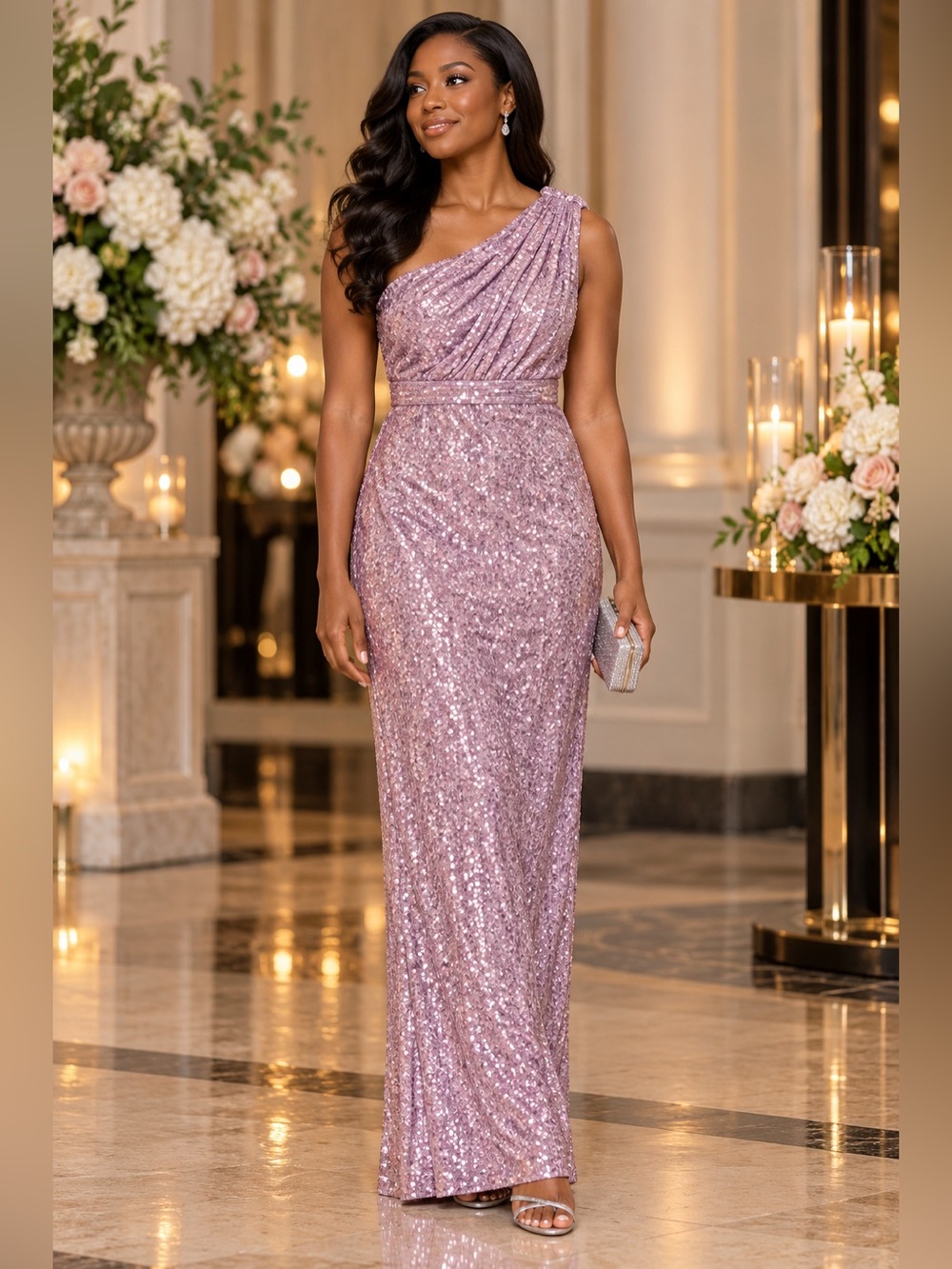NWT Ieena for Mac Duggal Lilac Sequin One Shoulder Gown Size 4 Formal Dress 2669